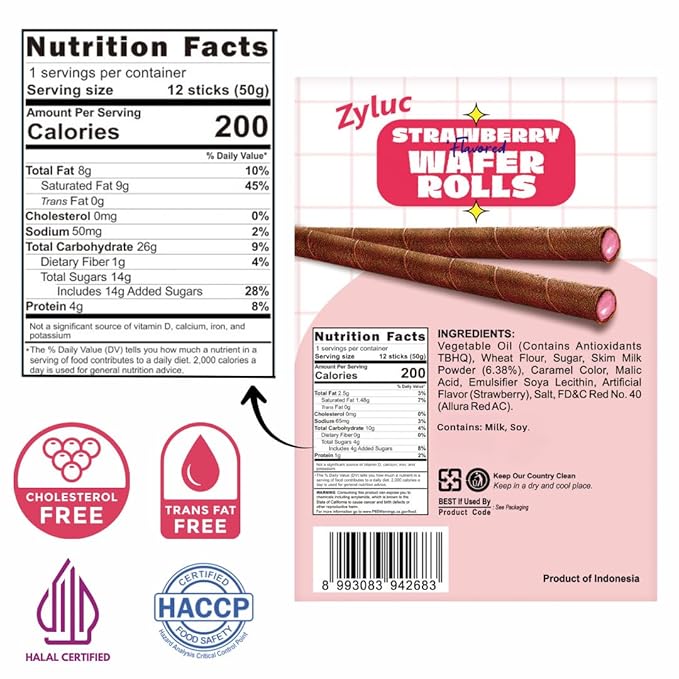 Zyluc Strawberry Wafer Rolls – Crispy Cream-Filled Cookies, Sweet Strawberry-Flavored Snack, 200 Calorie Portion Pack, No Cholesterol, Zero Trans Fat, Premium Treat, 50g x 20 Boxes