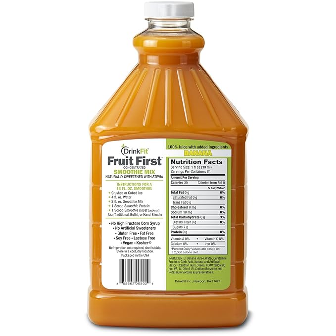 DrinkFit Fruit Smoothie | Real Fruit Puree, Low Sugar, Gluten:Free & Non:GMO, Banana Smoothie Mix : Makes 32 Smoothies, 64 Fl Oz (Banana)