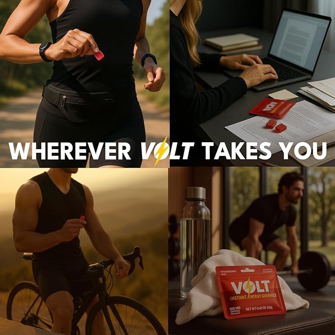 Volt Instant Energy Gummies - 100mg Caffeine per Gummy - Fast-Acting Fuel for Workout, Race + Study - Energy Drink Alternative - Caffeine Chews for Women & Men - Made in USA - Strawberry Jam - 12 Pack