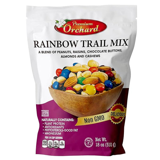 MIXED NUTS Rainbow Trail Mix by Premium Orchard - Healthy Trail Mix Variety Pack Peanuts Raisins Cashews Almonds Chocolate Buttons Heart Healthy Snacks for Adults and Kids Snacks