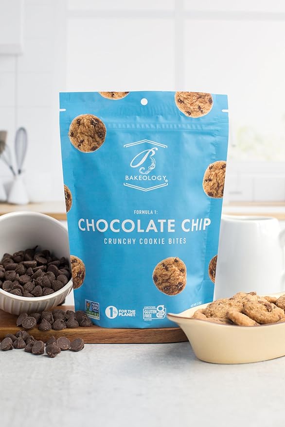 Bakeology Gluten Free Cookies - Chocolate Chip Crunchy Mini Vegan Cookie Bites - Gluten Free Dairy Free Snacks - Enjoy Plant Based Dessert Sweets - Made with Coconut Oil and Pure Ingredients