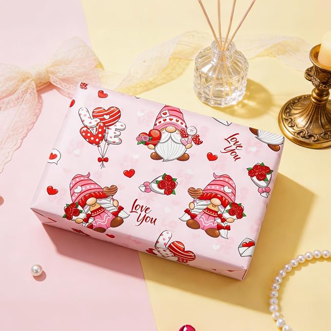 Homeral Pink Valentine's Day Wrapping Paper - Mini Roll - 17 Inch x 33 Feet - Bouquet Goblin and LOVE Balloon & Heart Reversible Gift Wrap for for Wedding, Anniversary, Bridal Shower, Birthday, Party