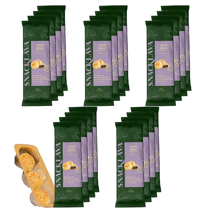 Snacklava Pistachio Date Bites - 20 Pack (60 Pieces) - Pistachio and Date Filled Maamoul Shortbread Cookies - No Artificial Ingredients, Colors or Preservatives