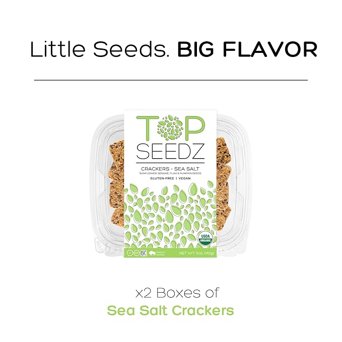 Top Seedz Certified Organic Gluten Free Sea Salt Seed Crackers | 2-Pack | 5 Ounces | Healthy Vegan Crackers with Plant Based Protein | Made of Sunflower, Flax, Sesame and Pumpkin Seed