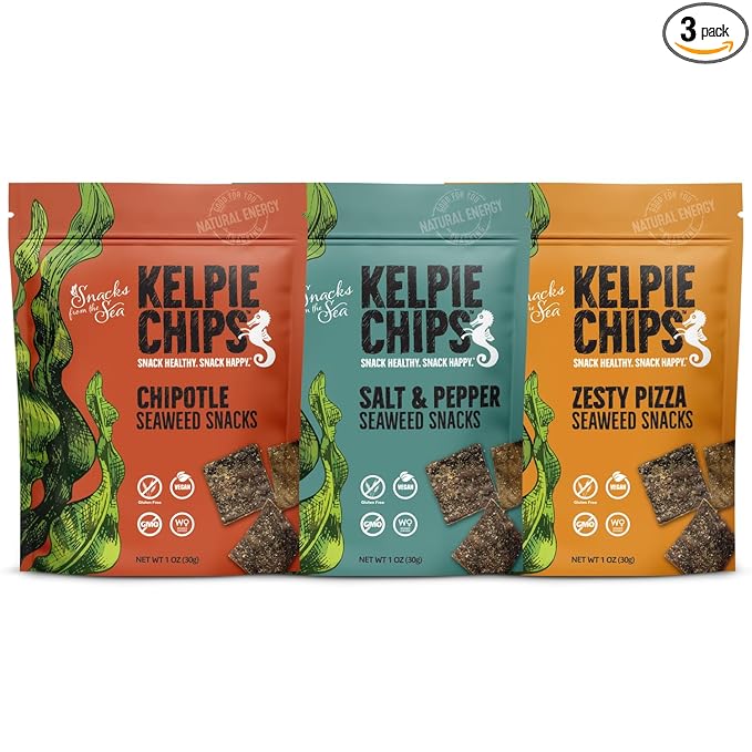 Seaweed Chips assorted Salt and Pepper, Zesty Pizza, Chipotle, Natural Kelp Kelpie Healthy Snack super food rich nutrition(1oz, 3bags)