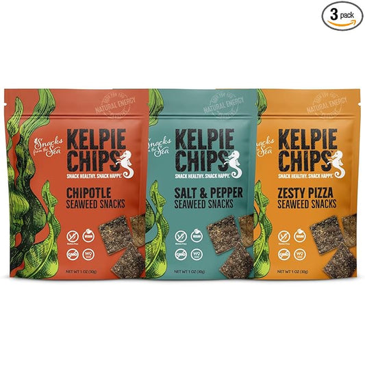 Seaweed Chips assorted Salt and Pepper, Zesty Pizza, Chipotle, Natural Kelp Kelpie Healthy Snack super food rich nutrition(1oz, 3bags)