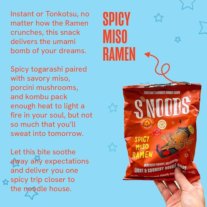 S’NOODS Spicy Miso Ramen Chips - Light & Crunchy Noodle Chips - Plant-Based Protein - Vegan Snacks - Gluten-Free - Perfectly Crispy & Delicious - For Adventurous Snackers - 0.74 oz (12 Pack)