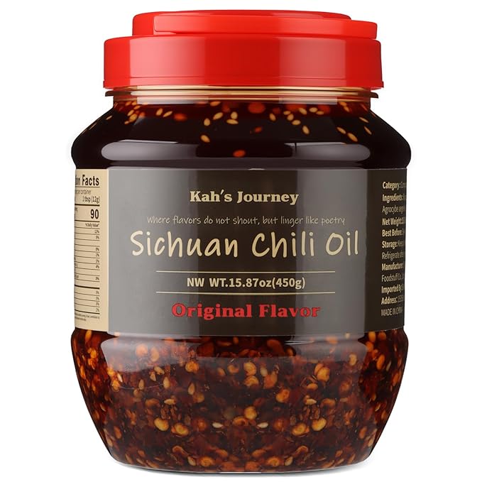Kah's Journey Original Szechuan Chili Oil - 15.87oz (450g) Spicy Chili Crisp with Crunchy Garlic, Vegan, Sugar Free Hot Sauce, Great for Noodles, Dumplings, Vegetables, Meats