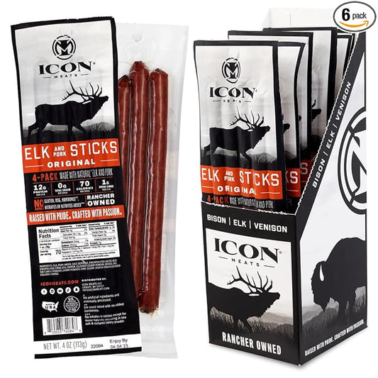 ICON Meats Elk and Pork Snack Sticks, Original, 6 Pack of High Protein Snacks, 4 Meat Sticks per Pack, Low Sugar, Gluten Free, Natural, USDA Inspected, Made in the USA, Gifts or Stocking Stuffers