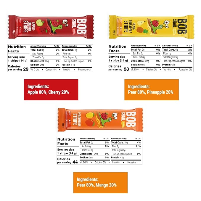 BOB SNAIL Healthy Fruit Snacks for Kids and Adults – 30 Fruit Leather Snacks with Persimmon, Pear-Pineapple,Cherry – Vegan Low-Carb Variety Pack Strips for Kids – Sugar Free Jerky Bars