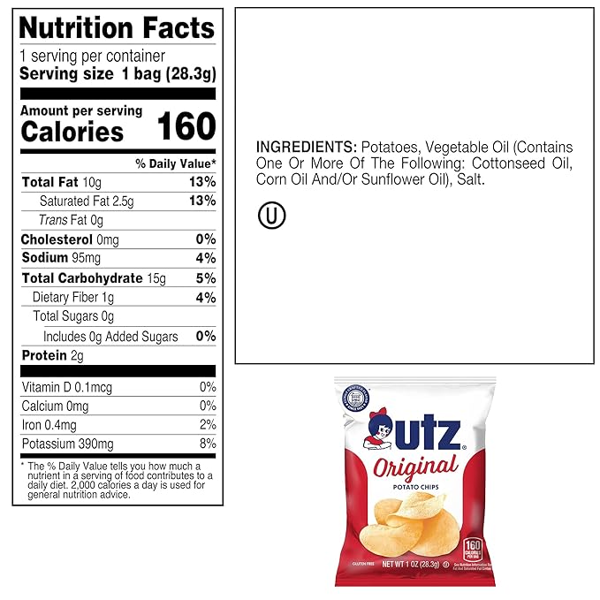 Utz Original 1 Oz Bags, 42 Count Crispy Potato Chips Made from Fresh Potatoes, Crunchy Individual Snacks to Go, Cholesterol Free, Trans-Fat Free, Gluten Free Snacks