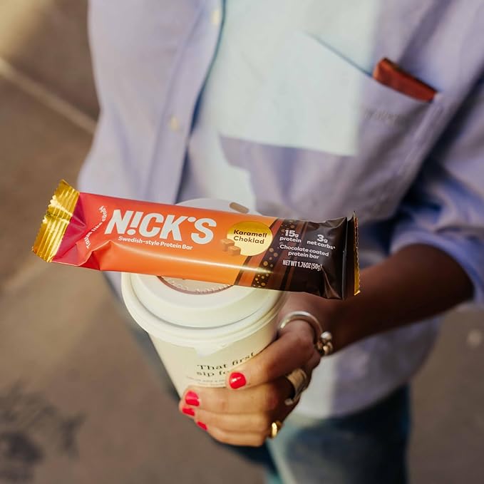 Nick’s Protein Bars Chocolate Caramel – 12-Count Box | Protein-Packed Snack, Low Calories, Low Carbs, Keto Friendly, No Added Sugar (12 bars x 50g)