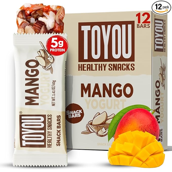 ToYou Gluten Free Chewy Fruit and Nut Bars - Healthy Protein Snacks | Mango Yogurt - 1.41 Ounce (Pack of 12) | Soft Chewy, Fiber-Packed Granola Bars for Adults and Kids, Made with Natural Ingredients