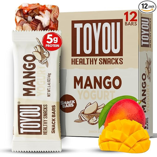 ToYou Gluten Free Chewy Fruit and Nut Bars - Healthy Protein Snacks | Mango Yogurt - 1.41 Ounce (Pack of 12) | Soft Chewy, Fiber-Packed Granola Bars for Adults and Kids, Made with Natural Ingredients