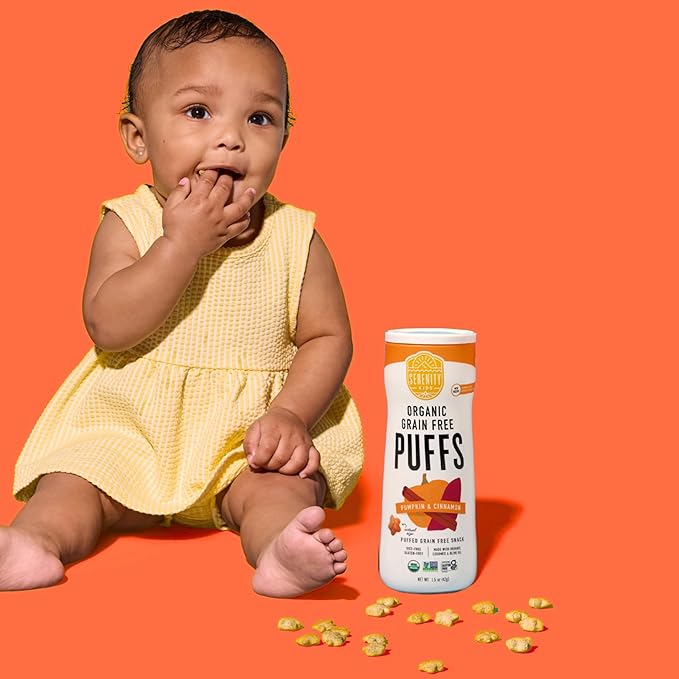 Serenity Kids 6+ Months Baby Puffs - 1 count 1.5 oz, Pumpkin & Cinnamon - USDA Organic Grain Free Toddler Food - Nut, Rice & Gluten Free Snack with Veggies, Legumes & Olive Oil
