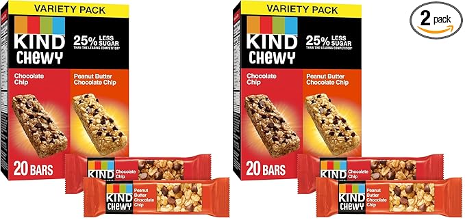 KIND Chewy Granola Bars, Variety Pack, Chocolate Chip and Peanut Butter Chocolate Chip, Gluten Free, 100 Calories, Whole Grains and Oats, 20 Count (Pack of 2)