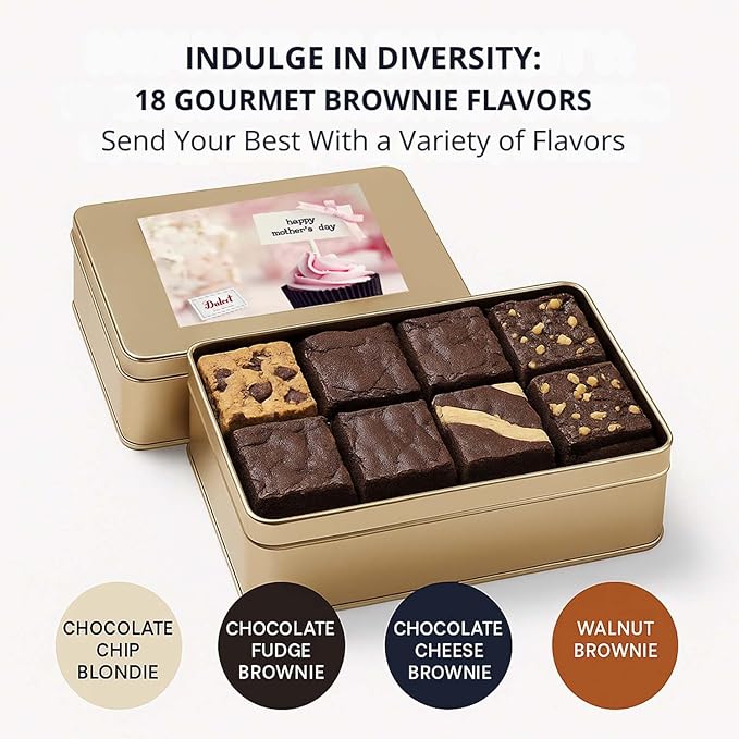Dulcet Gift Baskets Fathers Day Brownie Assortment Gift Tin Baked Snacks Flavor including Chocolate Cheese Walnut Fudge-Chocolate Chip Blondie Gift for Men Dad Father Grandfather Him or Son
