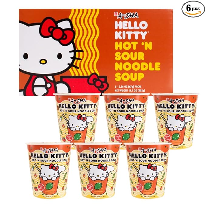 Hello Kitty Instant Ramen Noodle Cup | 6 Pack | Hot and Sour Flavor | Premium Microwaveable Ramen Soup Mix, Asian Snacks