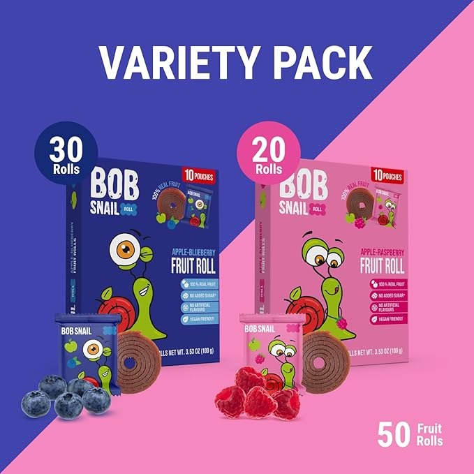 Bob Snail Fruit Roll Ups – 50 Natural Fruit Snacks (Blueberry & Raspberry), Vegan, No Added Sugar, Healthy On-the-Go Pack, 500g