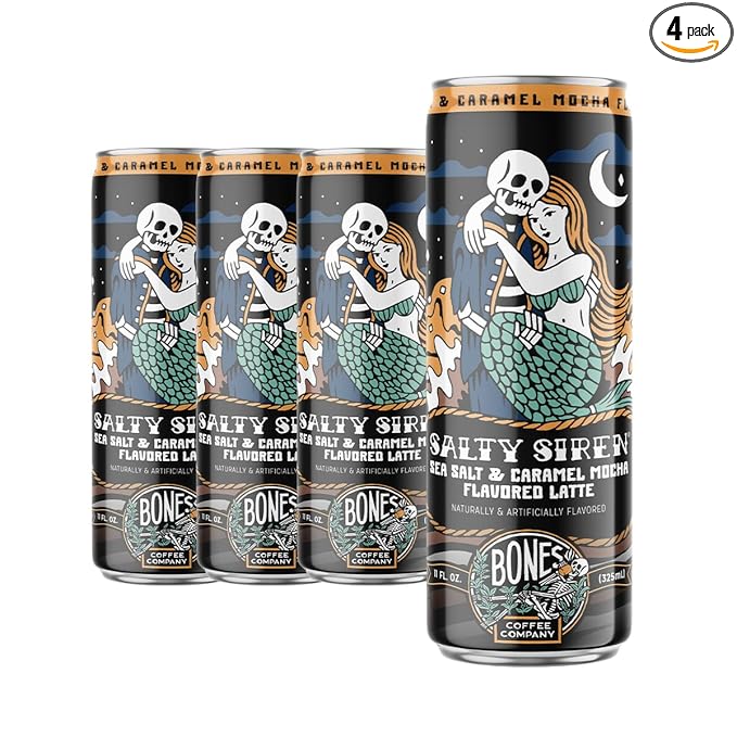 Bones Coffee Company Salty Siren Latte Flavored Coffee, Medium Roast Ready To Drink Iced Coffee in Can, 11 Fl Oz Can (4 Pack)