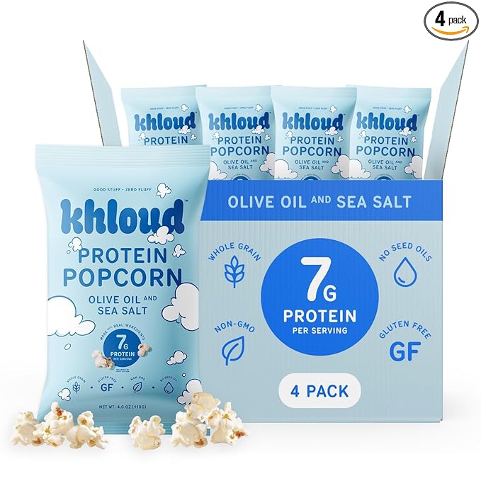 Khloud Protein Popcorn - Olive Oil & Sea Salt - 7g Protein Snacks for Adults & Kids - Flavored Popcorn Made with Real Ingredients & Milk Protein Isolate - Non-GMO, Gluten-Free, Kosher - 4oz, 4pk
