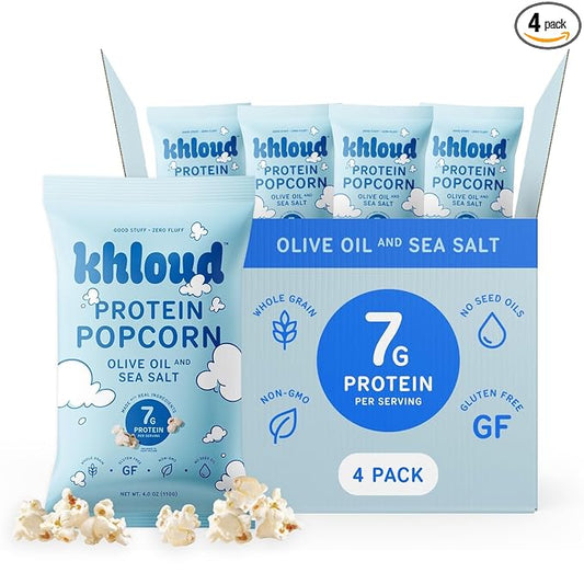 Khloud Protein Popcorn - Olive Oil & Sea Salt - 7g Protein Snacks for Adults & Kids - Flavored Popcorn Made with Real Ingredients & Milk Protein Isolate - Non-GMO, Gluten-Free, Kosher - 4oz, 4pk