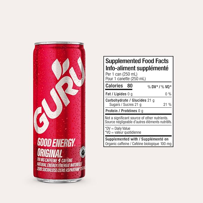 GURU Original Organic Energy Drinks, Clean Energy Drink with Plant Based Natural Caffeine from Green Tea, Gluten Free and Vegan, 100MG Caffeine, Healthy Drinks, 8.4oz (Pack of 24)