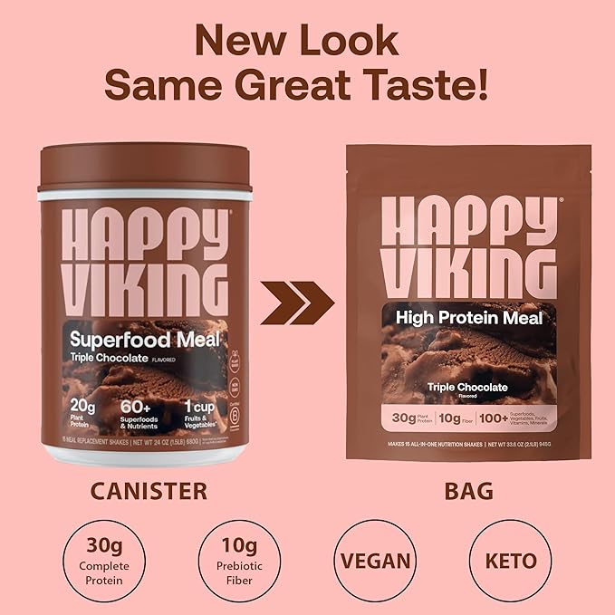 Happy Viking Chocolate Protein + Superfoods Powder, Created by Venus Williams, 30G Protein, Low Carb, Keto, Vegan, Gluten-Free, Non-GMO, Complete Meal Replacement, 1 Bag