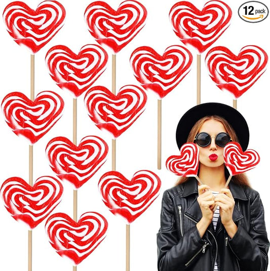 12-Pack Fruidles Jumbo 80 Gram Swirl Lollipop Red and White Heart Design, Party Bag Fillers, Individually Wrapped,