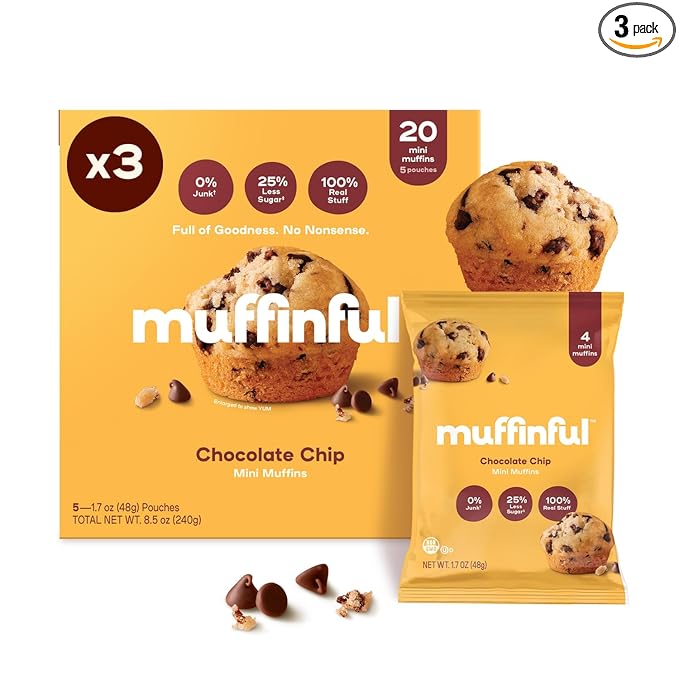 Muffinful Triple Chocolate Chip Mini Muffins – Bakery Fresh Bite-Sized Treats – 60 Muffins Total (15 Packs of 4) – Less Sugar, Nothing Artificial, Individually Wrapped