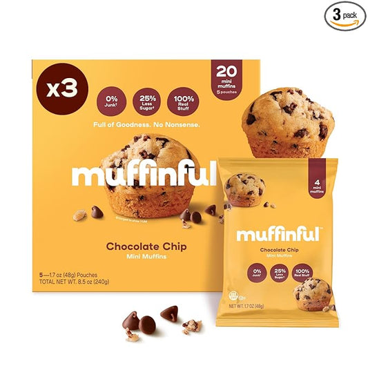 Muffinful Triple Chocolate Chip Mini Muffins – Bakery Fresh Bite-Sized Treats – 60 Muffins Total (15 Packs of 4) – Less Sugar, Nothing Artificial, Individually Wrapped