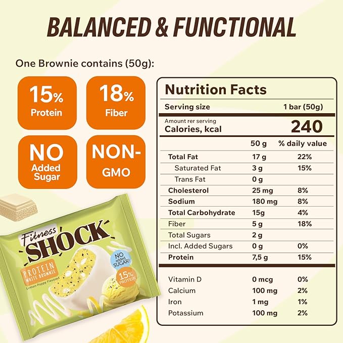 FitnesSHOCK Protein Brownie White Chocolate, No Added Sugar, 15%/7,5g Protein, 233kcal, Pre/Post Workout Snack - No Palm Oil, Filling dietary fibre, 10x50g - Poppy seeds and lemon flavour