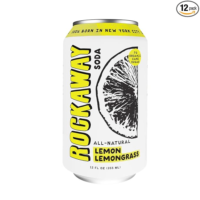 ROCKAWAY Lemon Lemongrass Soda Drinks - Low calorie drinks made from Real Fruit Juice, All Natural - Soda Pop Drinks Gluten Free, Vegan, GMO Free - 12oz (12 Pack)