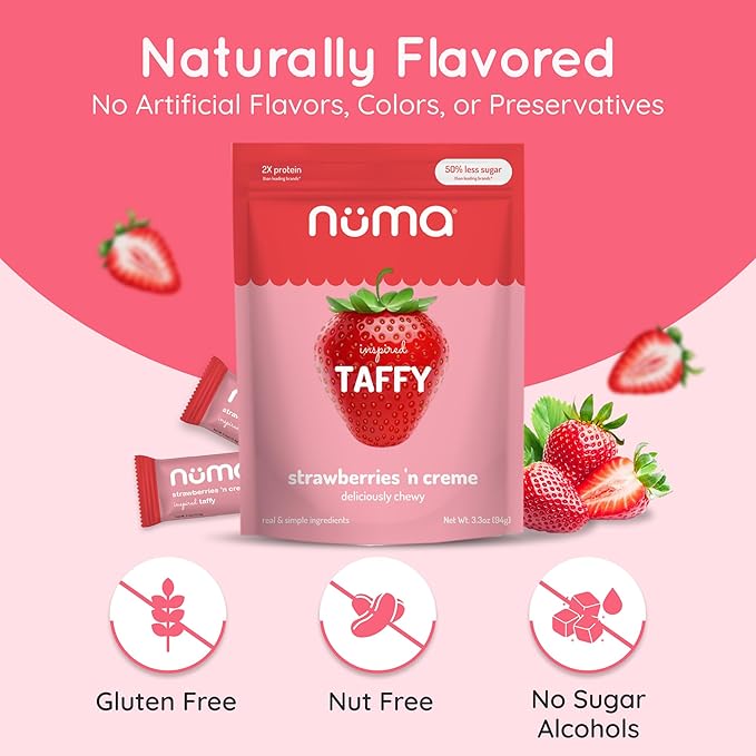 Numa Taffy Candy - Strawberries and Creme Made w Real & Simple Ingredients - Low Sugar, High Protein, Low Calorie, All Natural, Gluten Free - 3 Bags with 10 Individually Wrapped Chews Each
