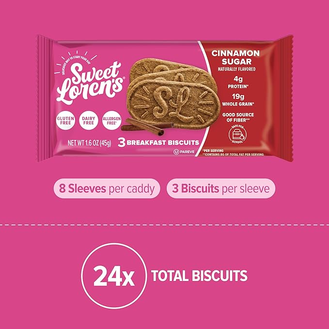 Sweet Loren's Vegan Breakfast Biscuits | Cinnamon Sugar | 4g Protein, 19g Whole Grains | Plant Based, Gluten Free, Dairy Free, Nut Free Snacks | Grab & Go 8 Pack (24 Total Biscuits, 1.6 ounce each)