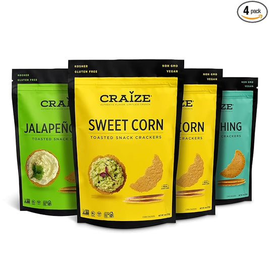 Craize Savory Mix | Sweet Corn x2, Everything, Jalepeno Lime | Gluten Free, Vegan, Kosher, Toasted Corn Crackers | 4 pack, 4 oz each