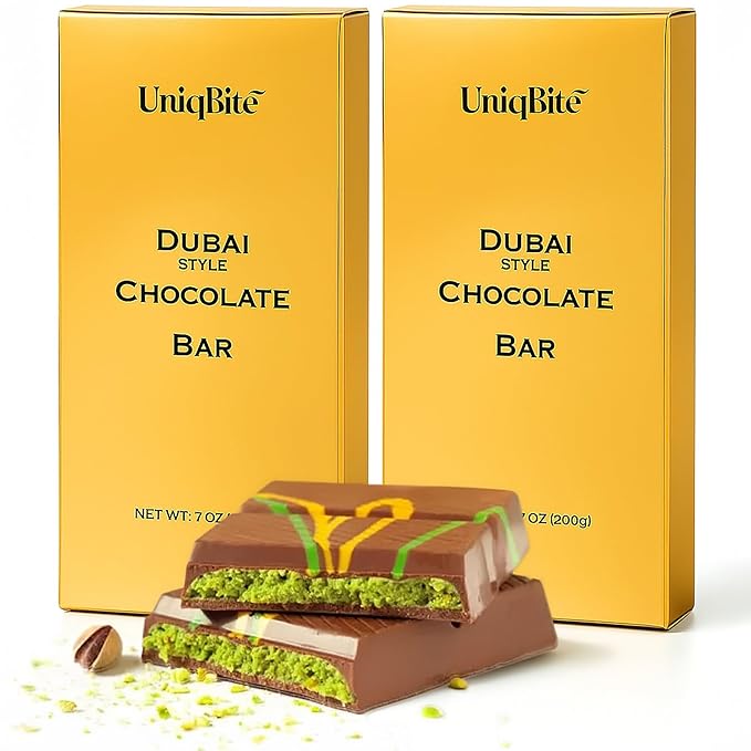UniqBite Dubai Chocolate Bar Pistachio, Crunchy Loaded Viral Knafeh Chocolate Bar with Pistachio Cream and Kataifi (14 Ounces (2 Pack))