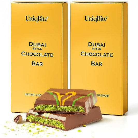 UniqBite Dubai Chocolate Bar Pistachio, Crunchy Loaded Viral Knafeh Chocolate Bar with Pistachio Cream and Kataifi (14 Ounces (2 Pack))