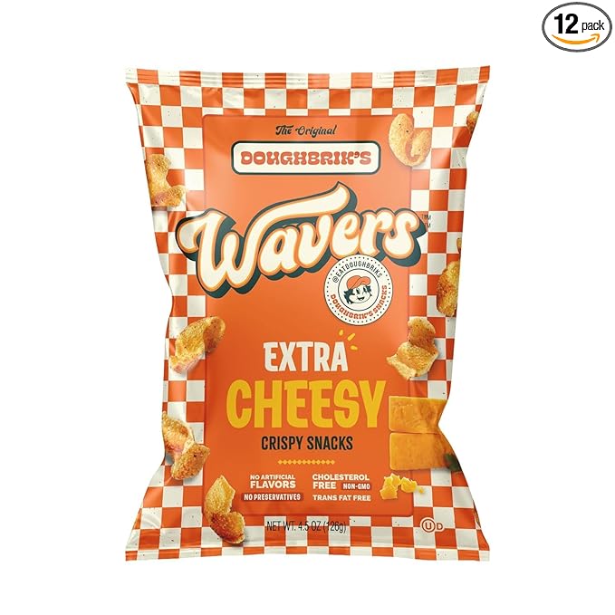 WAVERS by Doughbrik's Snacks, Extra Cheesy Flavor 4.5 oz Bags, Crispy Crunchy Texture Perfect Anytime Snack Made in the USA (12-Pack)
