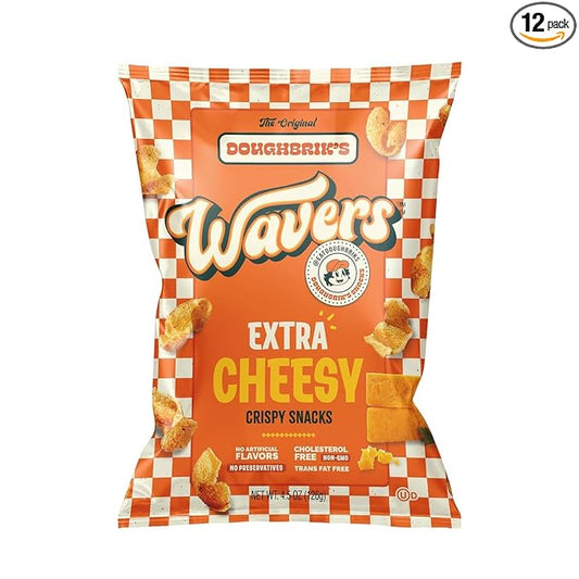 WAVERS by Doughbrik's Snacks, Extra Cheesy Flavor 4.5 oz Bags, Crispy Crunchy Texture Perfect Anytime Snack Made in the USA (12-Pack)