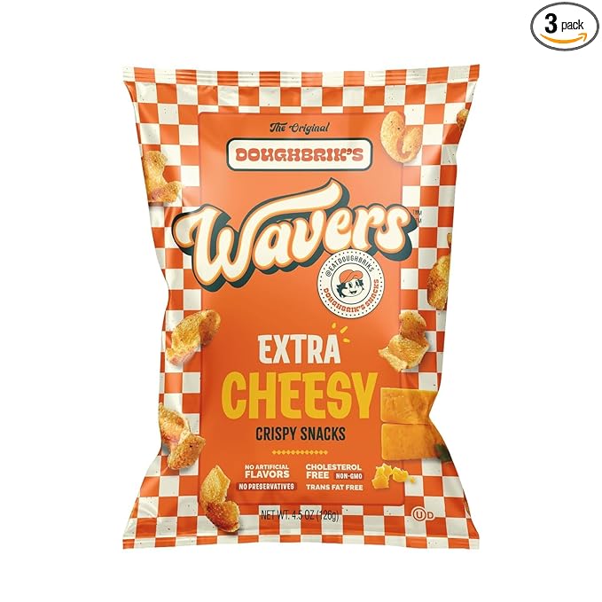 WAVERS by Doughbrik's Snacks, Extra Cheesy Flavor 4.5 oz Bags, Crispy Crunchy Texture Perfect Anytime Snack Made in the USA (3-Pack)