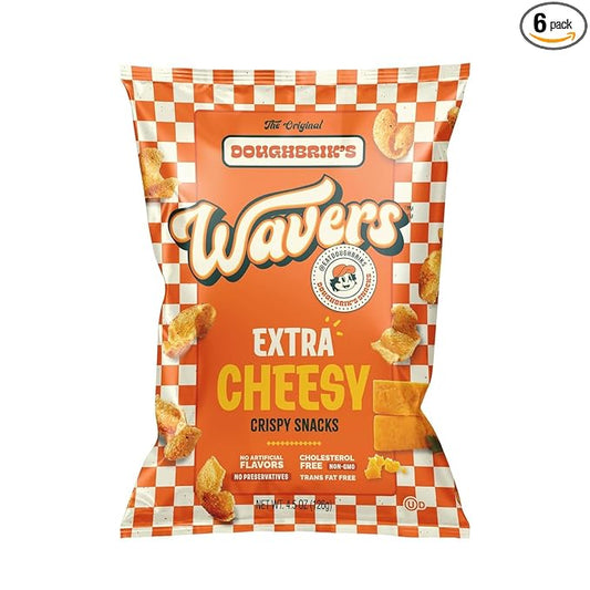 WAVERS by Doughbrik's Snacks, Extra Cheesy Flavor 4.5 oz Bags, Crispy Crunchy Texture Perfect Anytime Snack Made in the USA (6-Pack)