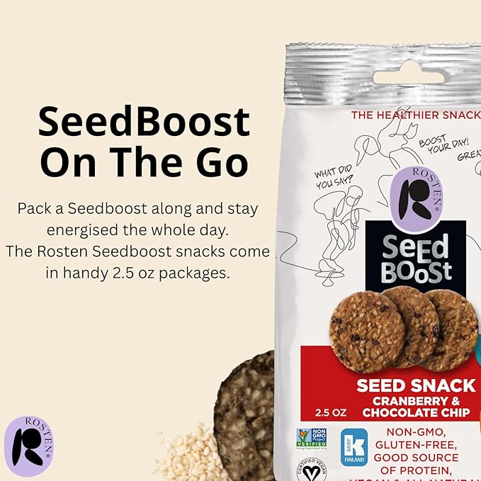 ROSTEN SeedBoost Seed Crackers (16 Pack) Cranberry & Chocolate Chip Flavor - Vegan, Non-GMO, Gluten Free (2.5oz Each)