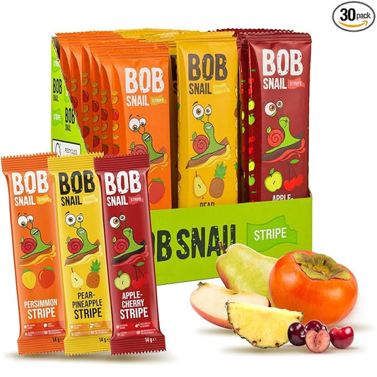 BOB SNAIL Healthy Fruit Snacks for Kids and Adults – 30 Fruit Leather Snacks with Persimmon, Pear-Pineapple,Cherry – Vegan Low-Carb Variety Pack Strips for Kids – Sugar Free Jerky Bars
