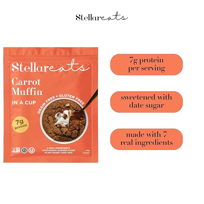 Stellar Eats Grain-Free Carrot Muffin Instant Treat in a Cup | Single-Serve | 7g Protein | Gluten-Free, Dairy-Free, Plant-Based, Paleo-Friendly | Made with 9 Real Ingredients | 8 Pack