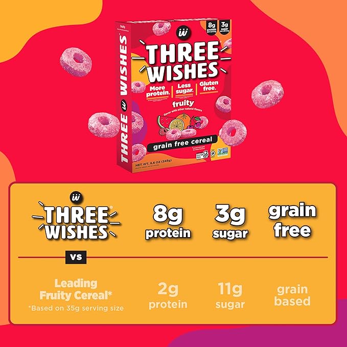 Three Wishes Grain-Free & Protein Cereal - Healthy, Low Sugar & Gluten-Free Breakfast Cereal - Low Carb, Plant-Based, Vegan & Non-GMO - Fruity, 6-Pack