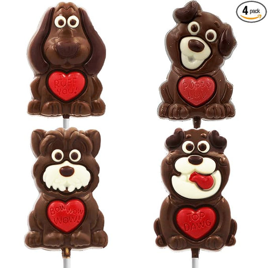 Valentine's Big Puppy Lollipop Holiday Treats 4-Pack Variety, Pop Party Bag Fillers, Individually Wrapped, Kosher Certified, 3oz Sucker Puppy