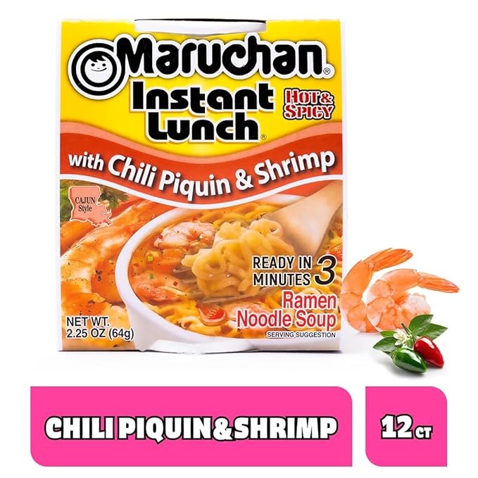 Maruchan Instant Lunch Ramen Noodles, Chili Piquin & Shrimp – Japanese-Style Instant Noodle Soup, Easy Meal Ready in 3 minutes – 2.25 Oz Cup, Pack of 12