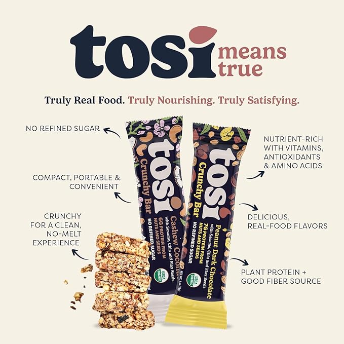 Tosi Cashew Coconut and Dark Chocolate Peanut Protein Bars Combo, Plant Based with Nuts, Gluten-Free Crunchy Snacks, Vegan, Organic, Flax & Chia Seeds, Soy-Free, Omega 3s, 6G/8G Protein, 1 oz, 12-Pack
