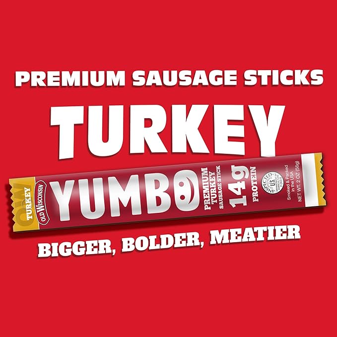Old Wisconsin Yumbo Summer Sausage Snack Sticks, Ready to Eat, High Protein, Low Carb, Keto, Gluten Free, 20 Individually Wrapped 2oz Sticks, Turkey Flavor